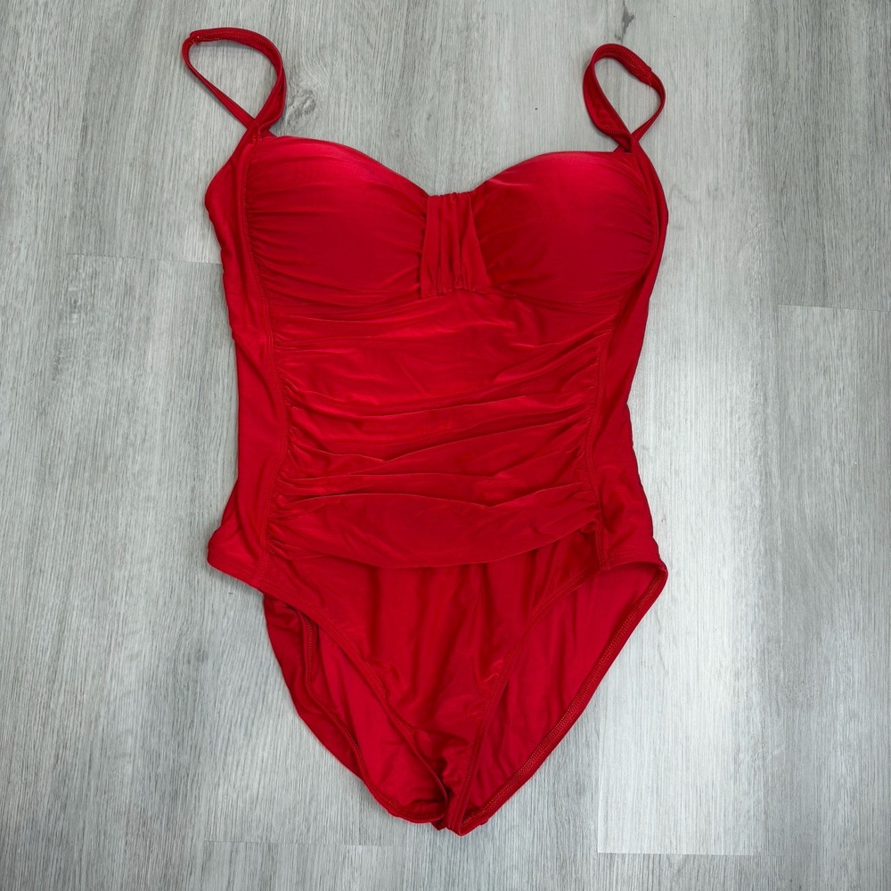 LA BLANCA Red One Piece Swimsuit Ruched Tummy Control Size 14